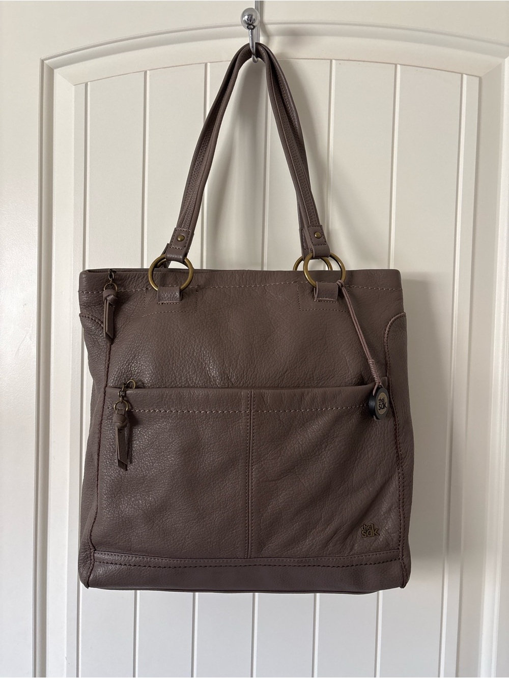 The Sak Taupe Pebbled Leather Tote Bag | Large Shoulder Purse Brass Hardware